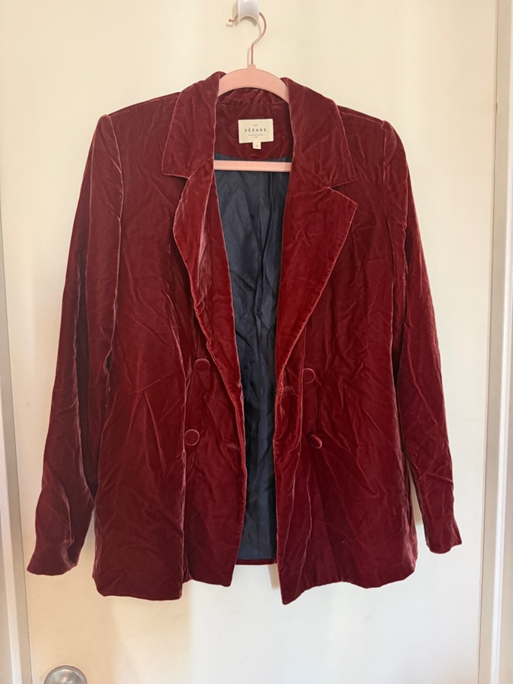 Sezane Women's Velvet Double-Breasted Blazer Jacket - Burgundy